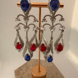 Silver-Tone Red & Blue Teardrop Chandelier Earrings